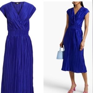 DKNY Royal Blue Pleated Wrap Style Holiday Party Dress with Shirred Waist Size 4